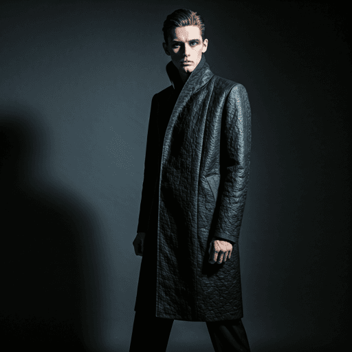 High fashion model in avant-garde black textured coat against a minimalist dark studio background
